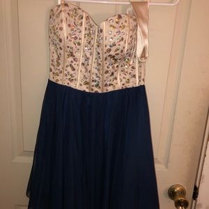 Cream & Navy Blue Strapless Dress